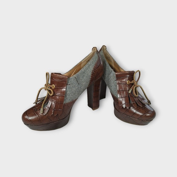 Sperry Top Sider Shoes - Woman's Sperry Topsider Leather & Textile Oxford 4" Heel Shoes 6.5M Brown & Gray